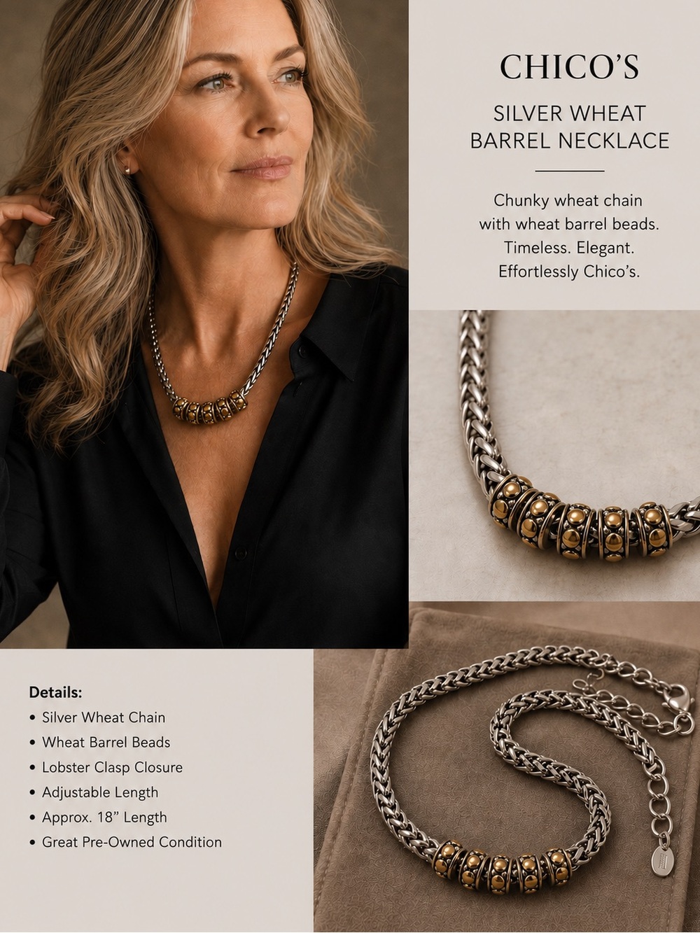 Chico's Silver Wheat Barrel Necklace - Silver Tone